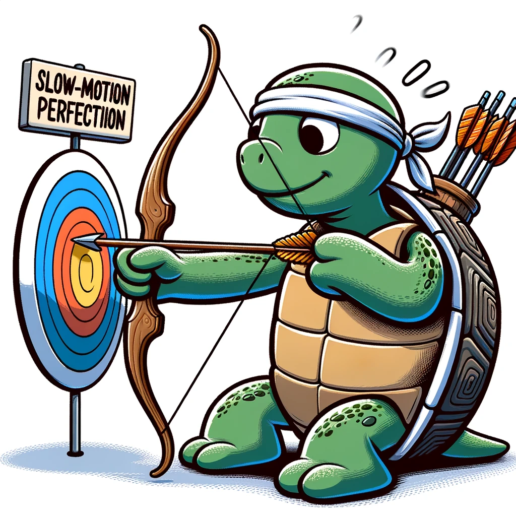 A cartoon turtle practicing archery, aiming at a target with focus and determination. The turtle is wearing a sports bandana. The caption reads: "Aiming for slow-motion perfection."