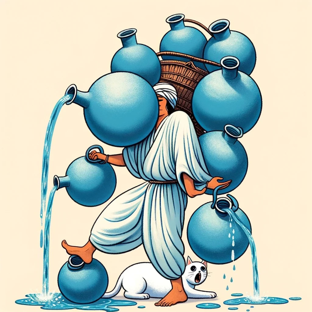 A whimsical image of a water bearer, representing the Aquarius zodiac sign, humorously struggling to balance multiple water jugs, one of which is leaking onto a surprised cat below. The caption reads: "When you're trying to keep everyone happy but can't seem to hold it together."