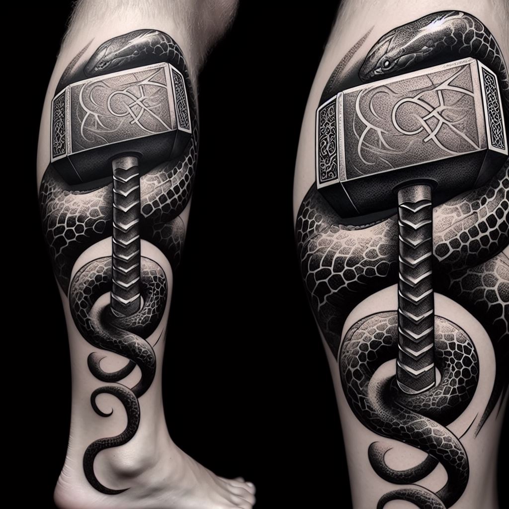 An innovative, black and grey tattoo that features Mjolnir with a unique serpent scale texture, inspired by Jörmungandr, wrapping around the calf. The hammer is detailed with Norse engravings, and the serpent scales add a layer of depth and symbolism, representing Thor's eternal battle with the World Serpent. This tattoo merges the iconic weapon with the essence of one of Thor's greatest foes, creating a visually striking and meaningful piece.