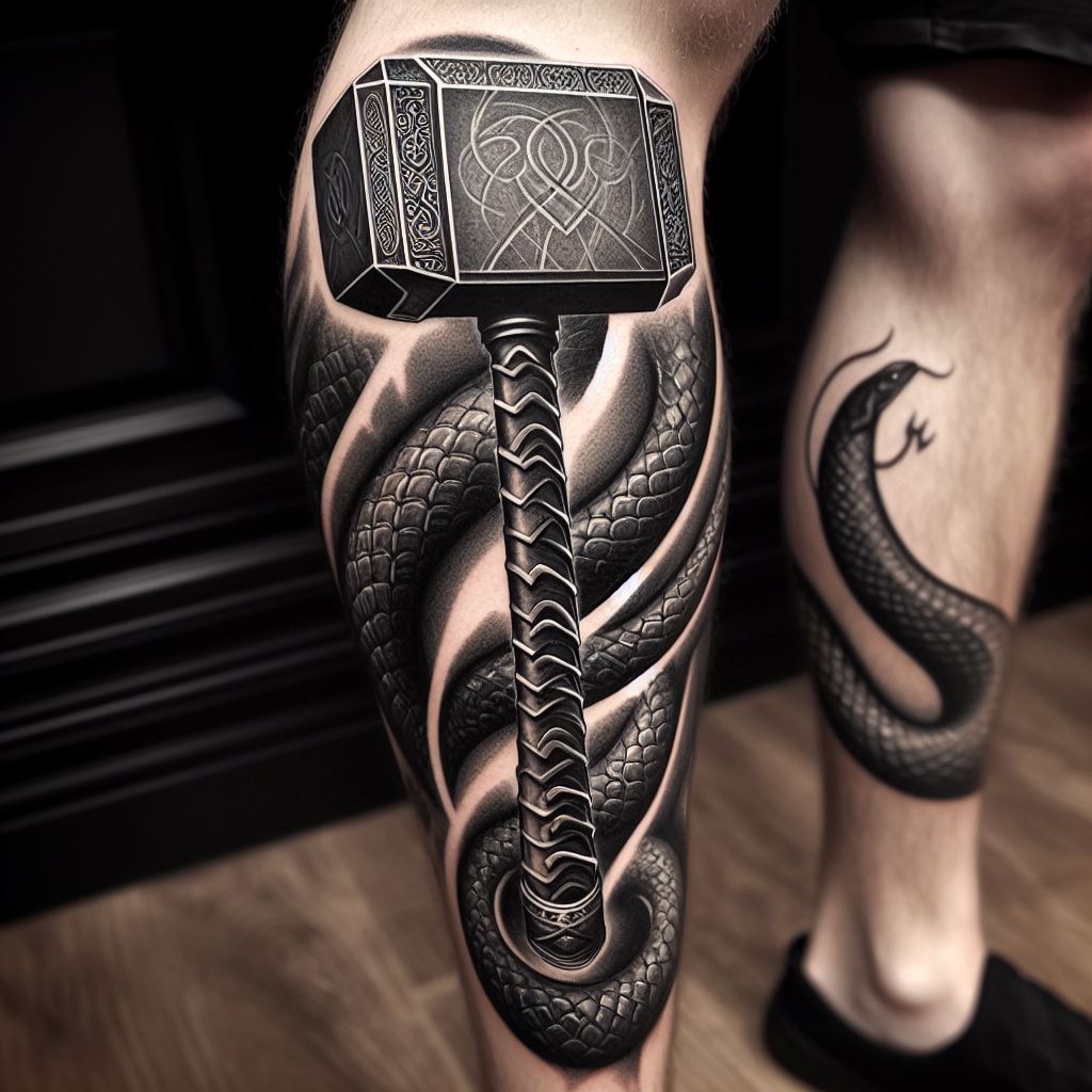 An innovative, black and grey tattoo that features Mjolnir with a unique serpent scale texture, inspired by Jörmungandr, wrapping around the calf. The hammer is detailed with Norse engravings, and the serpent scales add a layer of depth and symbolism, representing Thor's eternal battle with the World Serpent. This tattoo merges the iconic weapon with the essence of one of Thor's greatest foes, creating a visually striking and meaningful piece.