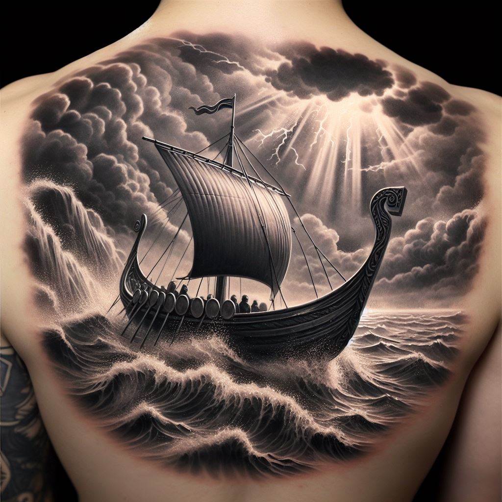 A serene, yet powerful black and grey tattoo located on the back shoulder, depicting a Viking longship sailing on tumultuous seas, with a protective Thor's hammer shining above in the stormy sky. The tattoo captures the spirit of Viking explorers, braving the unknown under the watchful eye of Thor. The detailed waves, the sturdy longship, and the dramatic sky evoke a sense of adventure and faith in divine protection.