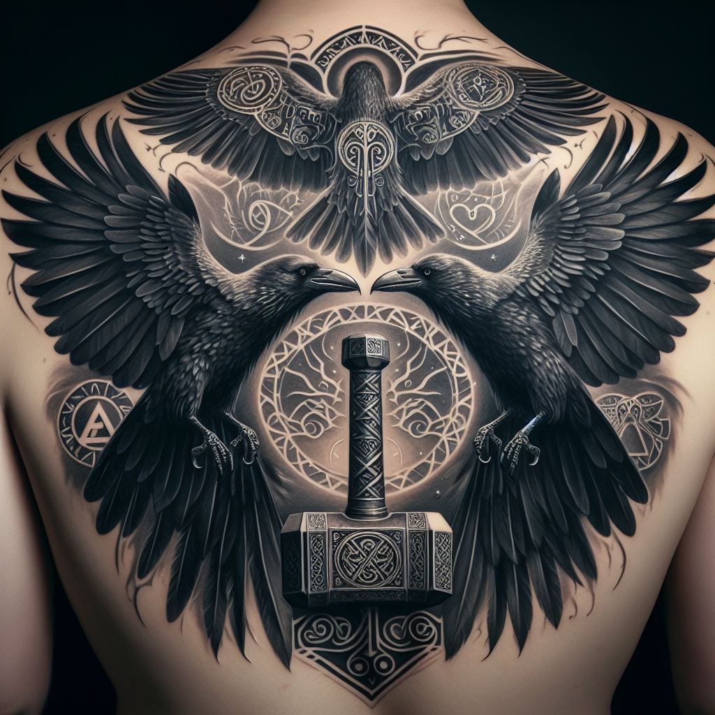 An evocative, black and grey tattoo that spans the upper back, featuring Odin's ravens, Huginn (thought) and Muninn (memory), in flight across the shoulders, with their wings spread wide. Below them, at the center of the back, is Thor's hammer, Mjolnir, detailed with Norse engravings and symbols of power. The ravens are depicted with lifelike detail, their feathers merging seamlessly into Norse patterns that connect to Mjolnir below. This tattoo symbolizes the wisdom and thought behind power, the connection between the mind and the strength, and the unity between Odin and Thor in Norse mythology. The design creates a sense of movement and thoughtfulness, blending the iconic elements of Norse lore into a cohesive and striking back piece.