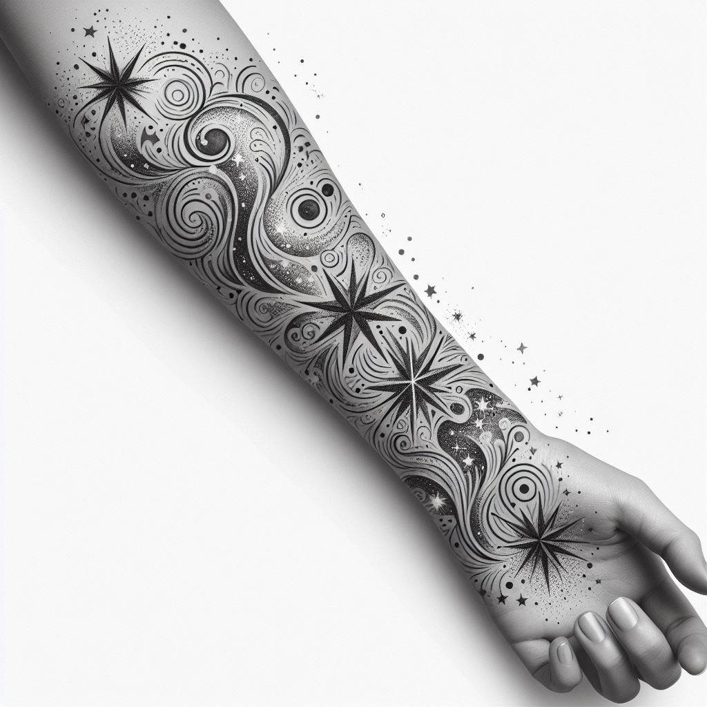 A seamless blend of whimsical stars and dots swirling around existing forearm tattoos. These fillers should elegantly connect larger tattoo pieces with a celestial theme, creating a sense of unity and flow around the arm. Use fine lines and varying star sizes for a delicate, dreamy effect. The stars should appear to dance lightly between more substantial tattoo elements, enhancing the forearm's overall aesthetics without overwhelming the primary designs.