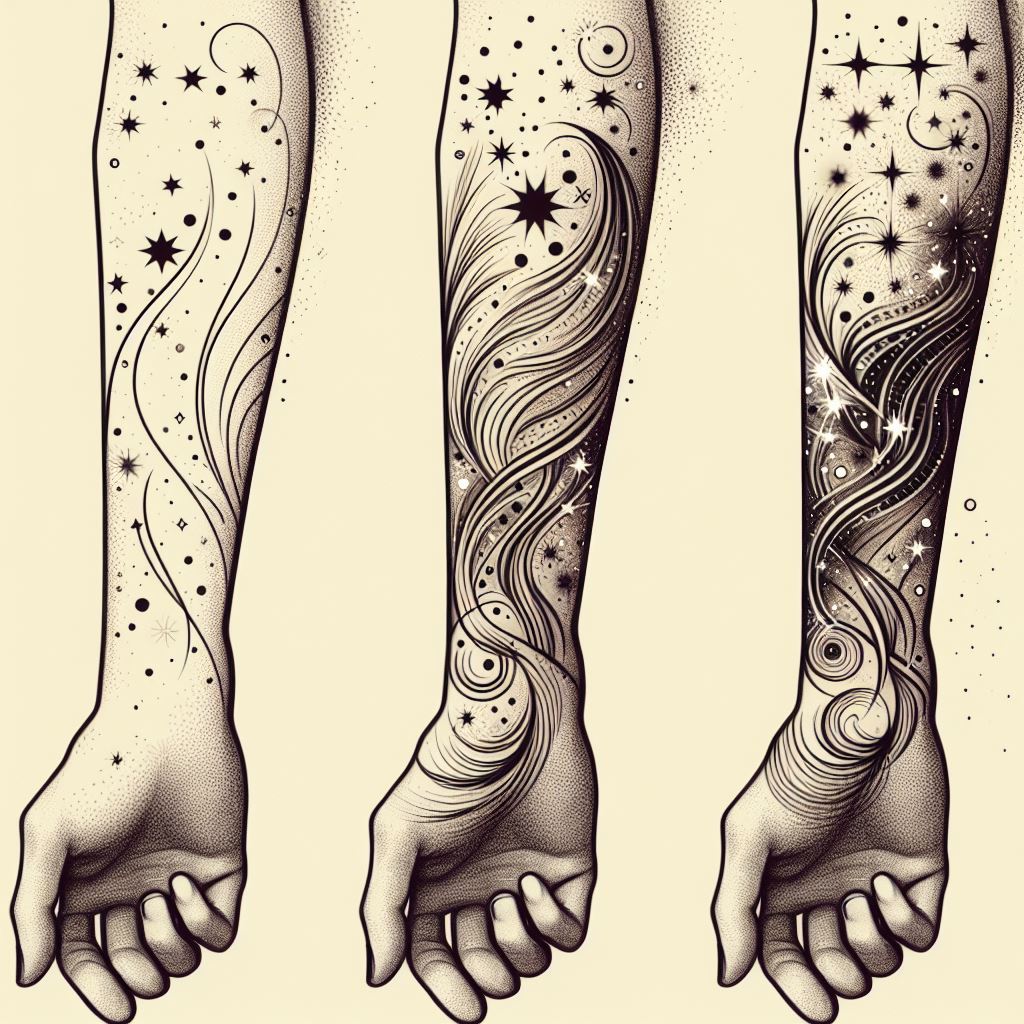 A seamless blend of whimsical stars and dots swirling around existing forearm tattoos. These fillers should elegantly connect larger tattoo pieces with a celestial theme, creating a sense of unity and flow around the arm. Use fine lines and varying star sizes for a delicate, dreamy effect. The stars should appear to dance lightly between more substantial tattoo elements, enhancing the forearm's overall aesthetics without overwhelming the primary designs.