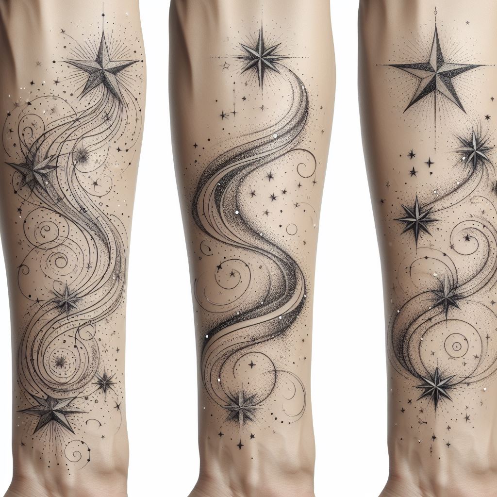 A seamless blend of whimsical stars and dots swirling around existing forearm tattoos. These fillers should elegantly connect larger tattoo pieces with a celestial theme, creating a sense of unity and flow around the arm. Use fine lines and varying star sizes for a delicate, dreamy effect. The stars should appear to dance lightly between more substantial tattoo elements, enhancing the forearm's overall aesthetics without overwhelming the primary designs.