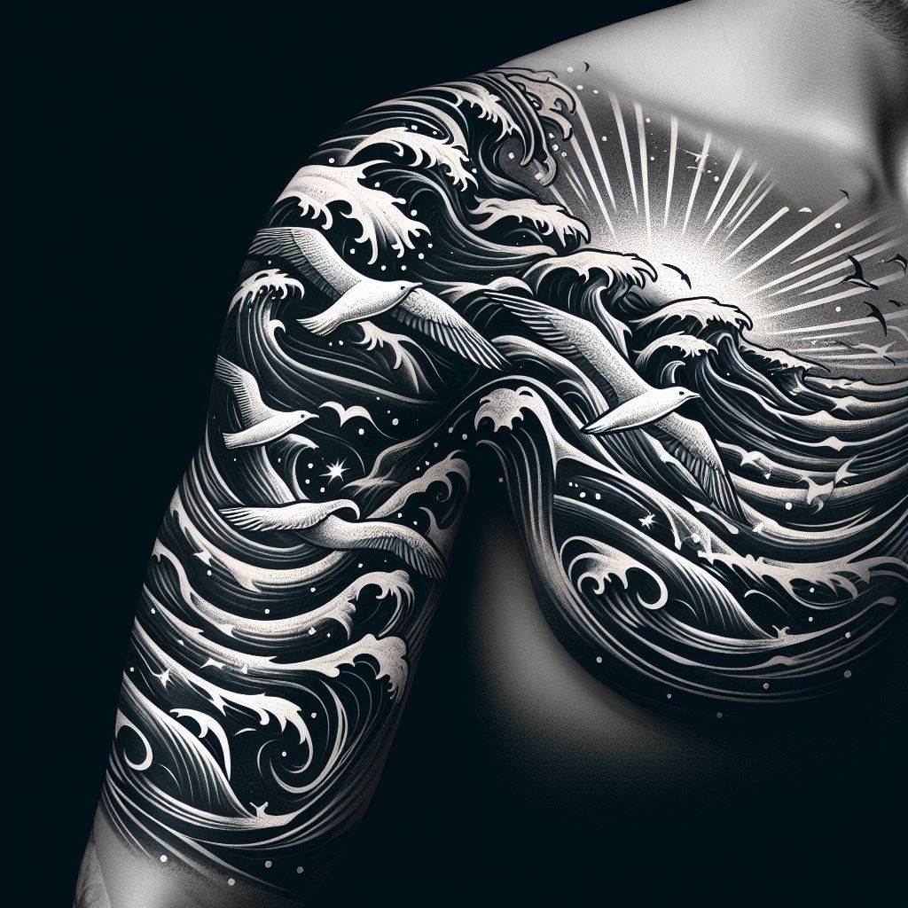 The transition from shoulder to upper arm filled with stylized ocean waves and seagulls, connecting larger nautical-themed tattoos. The waves should be dynamic and fluid, with seagulls interspersed as if in flight over the sea. This design aims to create a cohesive maritime scene, with the fillers adding movement and depth to the area, bridging gaps between major tattoo pieces with a soothing, cohesive oceanic motif.