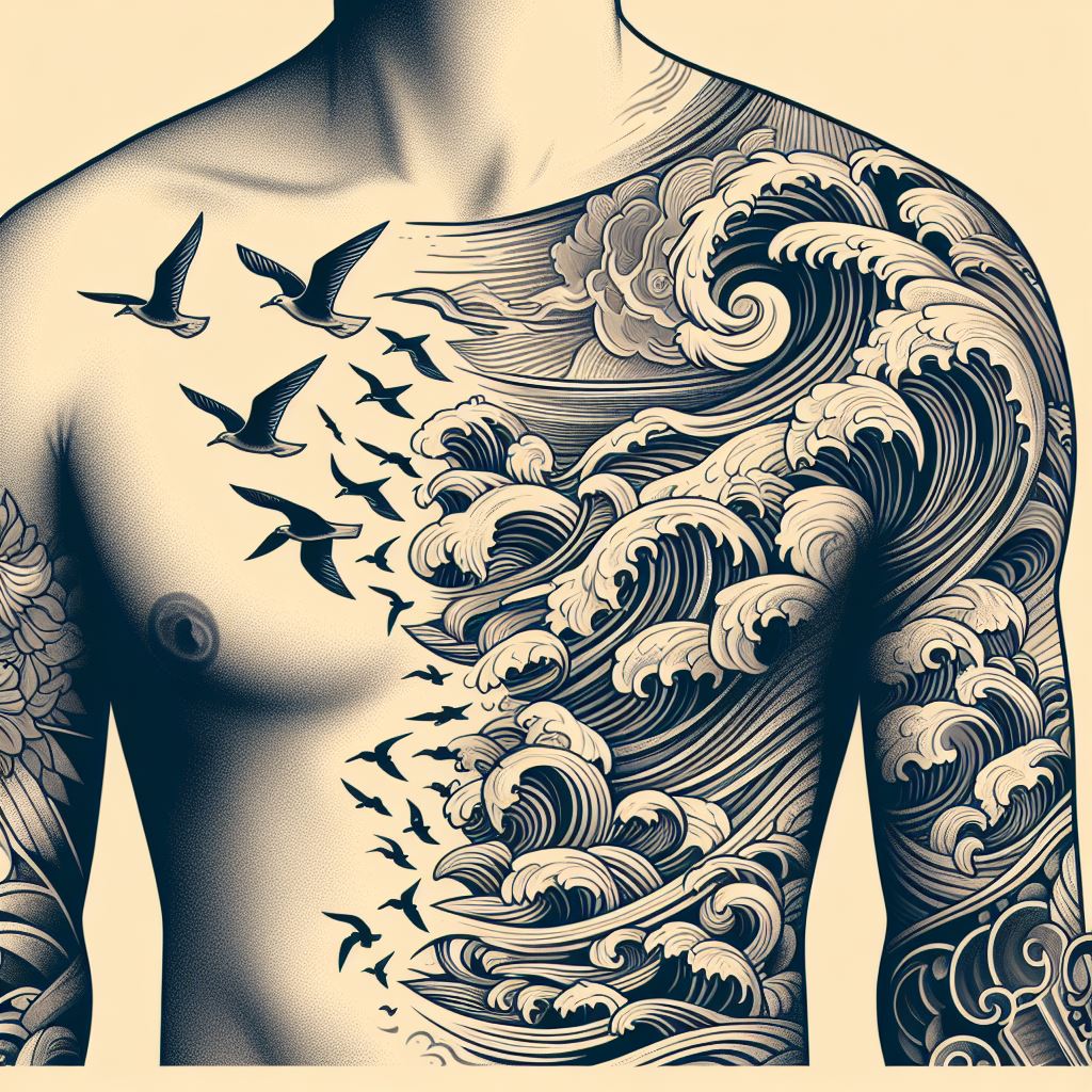 The transition from shoulder to upper arm filled with stylized ocean waves and seagulls, connecting larger nautical-themed tattoos. The waves should be dynamic and fluid, with seagulls interspersed as if in flight over the sea. This design aims to create a cohesive maritime scene, with the fillers adding movement and depth to the area, bridging gaps between major tattoo pieces with a soothing, cohesive oceanic motif.