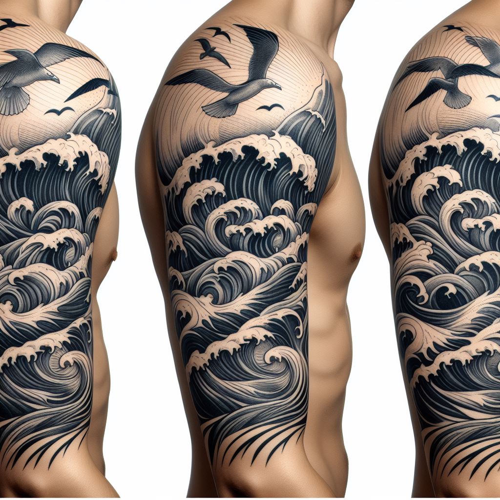 The transition from shoulder to upper arm filled with stylized ocean waves and seagulls, connecting larger nautical-themed tattoos. The waves should be dynamic and fluid, with seagulls interspersed as if in flight over the sea. This design aims to create a cohesive maritime scene, with the fillers adding movement and depth to the area, bridging gaps between major tattoo pieces with a soothing, cohesive oceanic motif.