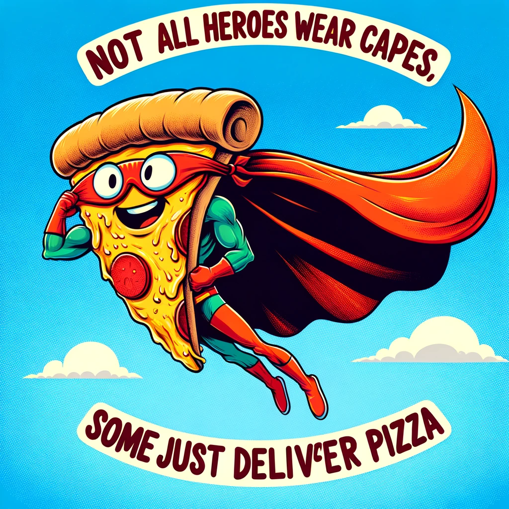 A humorous image of a pizza slice on a superhero cape flying through the sky, with the caption "Not all heroes wear capes, some just deliver pizza". The image should have a cartoonish and light-hearted feel, with bright colors and exaggerated features to enhance the comedic effect. The sky should be a clear blue, with a few fluffy white clouds to add to the whimsical atmosphere.