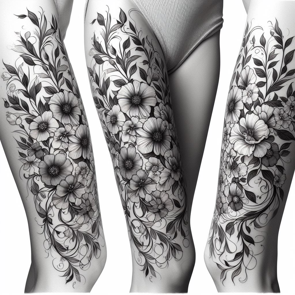 A lush composition of floral and vine motifs winding from the thigh down to the knee, designed to fill spaces between existing tattoos with natural elegance. The flowers should vary in type and size for a diverse, garden-like appearance, with vines gracefully connecting each element. This filler should bring a vibrant, organic feel to the leg, seamlessly integrating with and accentuating the surrounding tattoos.