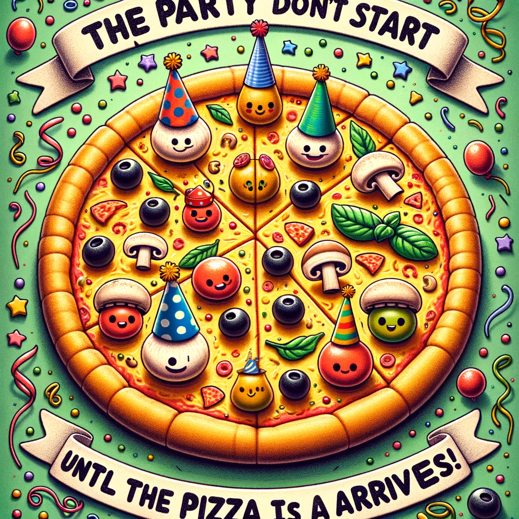 An image of a pizza with various toppings arranged to look like they are having a party, including mushrooms and olives with party hats. The caption says "The real party doesn't start until the pizza arrives!". The pizza should be in the center of the image, with a festive background, possibly including confetti or streamers, to create a celebratory mood. The style should be playful and colorful, capturing the fun essence of a pizza party.