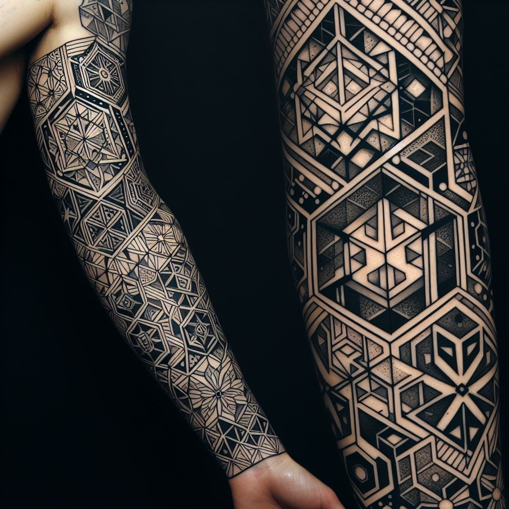 Intricate geometric patterns serving as fillers for a tattoo sleeve, fitting snugly between larger, more detailed pieces. These patterns should include hexagons, triangles, and lines, creating a complex yet harmonious backdrop that adds depth and interest to the sleeve. The design should balance the boldness of the primary tattoos with the subtlety of the filler, achieving a sophisticated, unified sleeve.