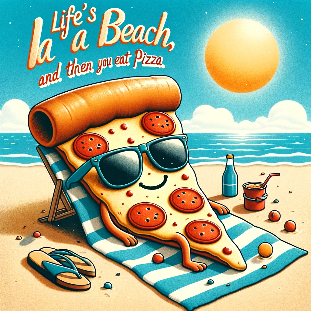 A slice of pizza lying on a beach towel under the sun, wearing sunglasses, with the caption "Life's a beach, and then you eat pizza." This scene should evoke a sense of relaxation and vacation vibes, with the pizza slice enjoying a sunny day at the beach. The background should include the sea, sand, and a bright sun in a clear blue sky. The overall atmosphere should be cheerful and summery, with the pizza slice anthropomorphized to add a humorous touch to the image.