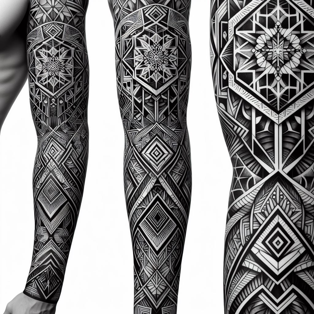 Intricate geometric patterns serving as fillers for a tattoo sleeve, fitting snugly between larger, more detailed pieces. These patterns should include hexagons, triangles, and lines, creating a complex yet harmonious backdrop that adds depth and interest to the sleeve. The design should balance the boldness of the primary tattoos with the subtlety of the filler, achieving a sophisticated, unified sleeve.