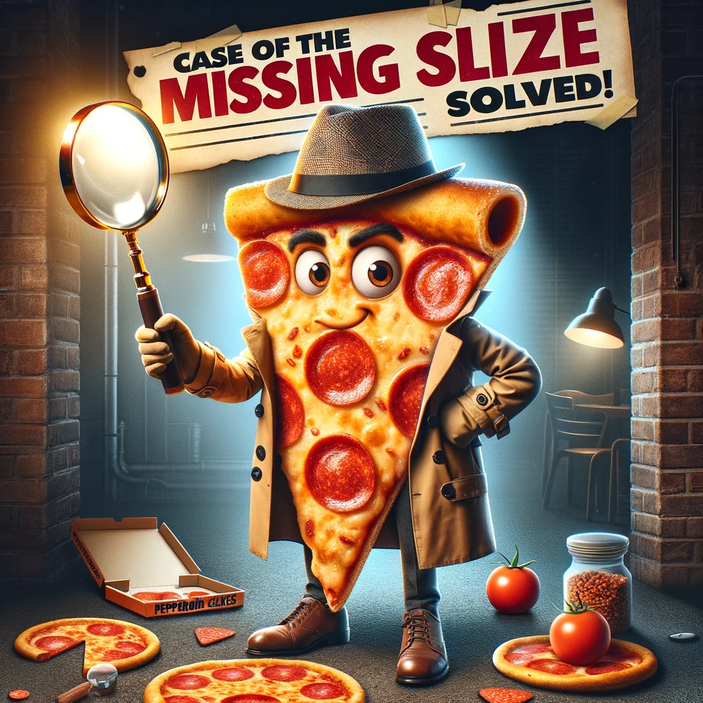 A detective pizza slice holding a magnifying glass, with pepperoni as clues on the ground, and the caption "Case of the missing slice: Solved!". The scene should be styled like a classic detective story, with the detective pizza in a trench coat and hat, looking intently through the magnifying glass. The background should suggest a mystery scene, perhaps a dimly lit alley or a kitchen at night, to set the investigative mood. The image should be detailed and engaging, with a humorous twist on the detective genre.