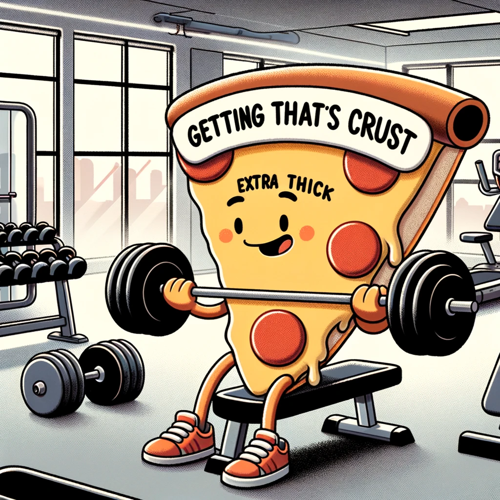 An image of a pizza slice in a gym lifting weights, with the caption "Getting that crust extra thick". The scene should depict the pizza slice engaging in a humorous workout, focusing on lifting dumbbells or a barbell, with a determined expression on its face. The gym setting should include typical equipment like treadmills, weight racks, and mirrors in the background, emphasizing the fitness theme. The style should be cartoonish and playful, making the concept of a pizza working out amusing and light-hearted.