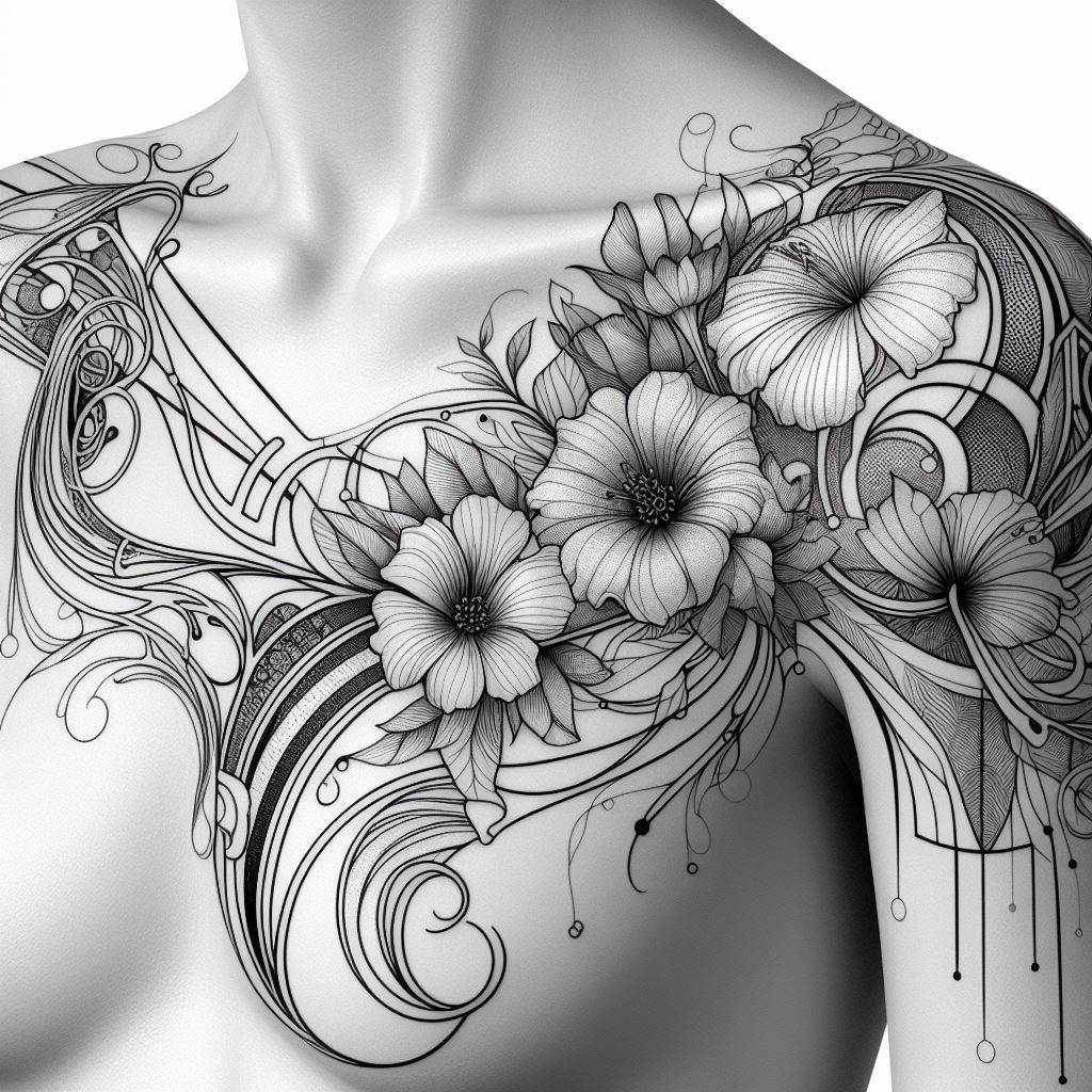 An Art Nouveau-inspired filler of floral designs and abstract lines to connect tattoos located between the shoulder blades. The filler should embody the elegance and organic shapes characteristic of Art Nouveau, with flowing lines and detailed flowers merging seamlessly with existing tattoos. This design aims to enhance the beauty of the area with a touch of early 20th-century artistic flair.