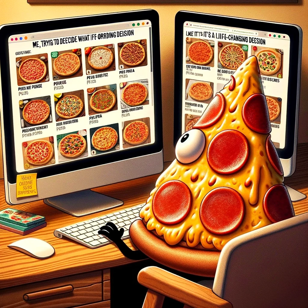 A pizza slice sitting in front of a computer, with multiple tabs open showing pizza recipes, and the caption "Me, trying to decide what pizza to order like it's a life-changing decision". The scene should capture the essence of indecision and humor, with the pizza slice appearing overwhelmed by choices. The computer screen should be detailed, showing various pizza options and possibly a shopping cart icon. The background should resemble a cozy home office or living room setting, making the scenario relatable and funny.