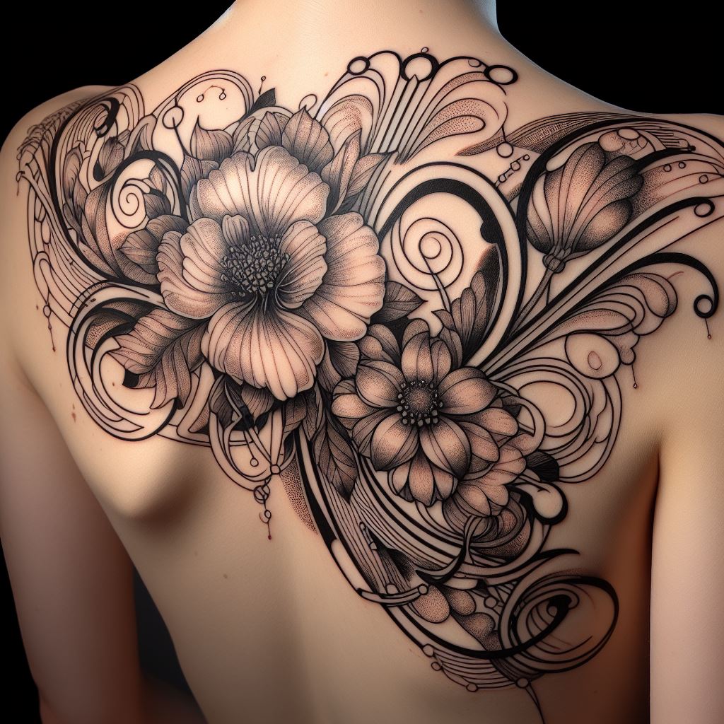 An Art Nouveau-inspired filler of floral designs and abstract lines to connect tattoos located between the shoulder blades. The filler should embody the elegance and organic shapes characteristic of Art Nouveau, with flowing lines and detailed flowers merging seamlessly with existing tattoos. This design aims to enhance the beauty of the area with a touch of early 20th-century artistic flair.