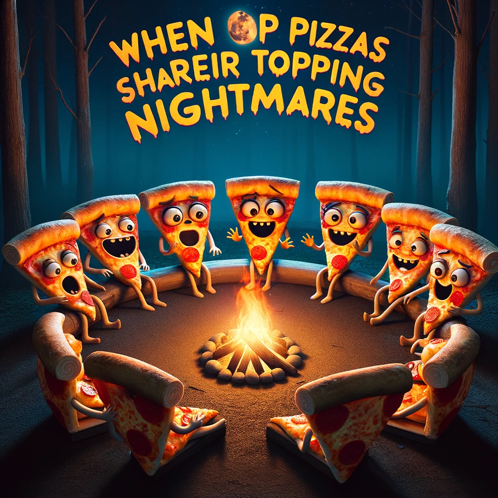 A group of pizza slices sitting around a campfire, telling scary stories, with the caption "When pizzas share their topping nightmares". The image should portray the pizza slices with expressive faces, animatedly engaging with each other, as if they are in the midst of a spooky story-telling session. The campfire setting should be at night, with the fire casting a warm glow on their faces, surrounded by a dark forest background to enhance the eerie atmosphere. The scene should be whimsical yet slightly spooky, capturing the unique concept humorously.