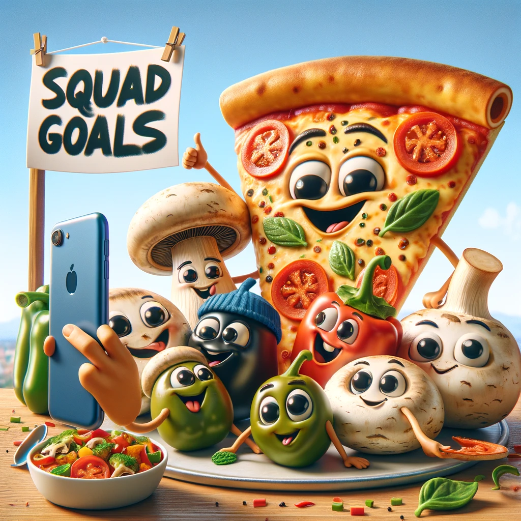A pizza slice taking a selfie with a group of toppings (mushrooms, olives, peppers) like they're best friends, with the caption "Squad goals". The image should depict a fun and social atmosphere, with the toppings and pizza slice positioned in a way that suggests camaraderie and joy. The background could be any social setting, like a party or a scenic viewpoint, to emphasize the 'group photo' vibe. The style should be lively and colorful, highlighting the anthropomorphic features of the pizza and its toppings, making the scene humorous and endearing.