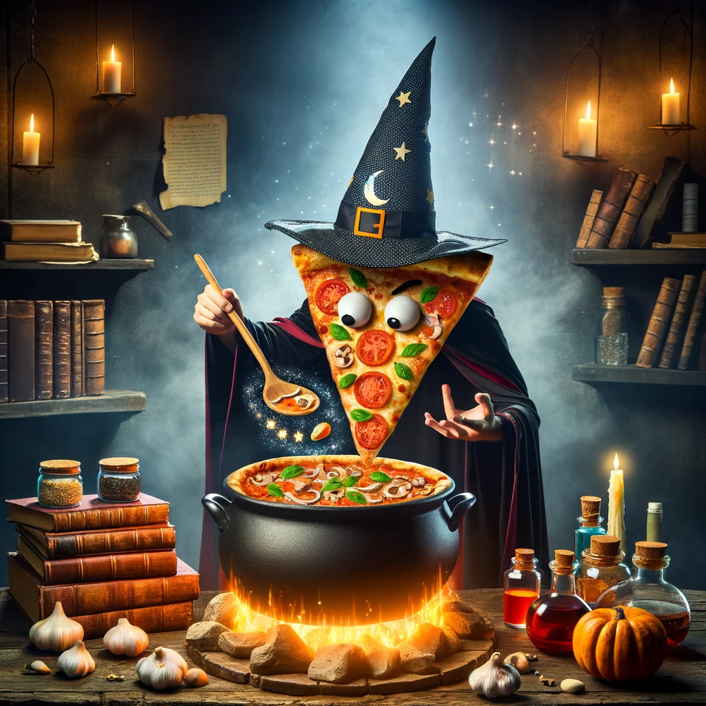 A pizza slice dressed as a wizard casting a spell over a cauldron, with toppings floating around as ingredients, and the caption "Brewing up the perfect pizza spell". The scene should be set in a mystical, dimly lit room filled with magical paraphernalia like spell books, potions, and a glowing cauldron. The pizza slice should wear a wizard hat and cloak, looking focused and powerful as it conjures the spell. The overall mood should be enchanting and whimsical, with a touch of humor as the pizza slice practices its culinary magic.