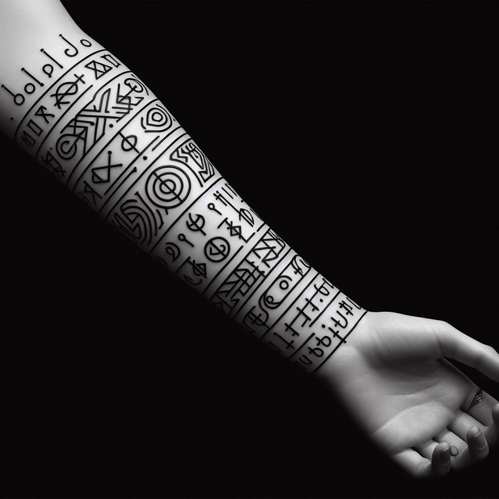 A series of ancient runes and symbols, each with its own unique meaning and history, wrapping around the arm as band fillers. These should connect larger, more thematic tattoos with a sense of mystique and ancient wisdom. The runes and symbols should be evenly spaced, varying slightly in size for visual interest, and designed to complement the existing tattoos, enhancing the arm's narrative and aesthetic appeal.