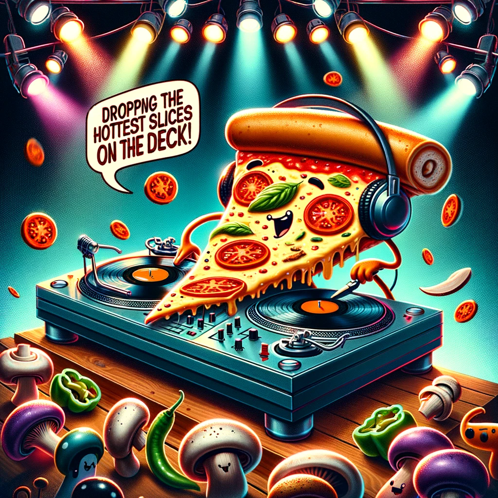 A pizza slice moonlighting as a DJ at a club, with turntables and a crowd of toppings dancing, captioned "Dropping the hottest slices on the deck!". The atmosphere should be vibrant and energetic, with colorful lights and a dynamic sense of movement. The pizza slice DJ should appear cool and focused, wearing headphones and manipulating the turntables. The crowd of toppings (like mushrooms, olives, and peppers) should be animated and enjoying the music, adding to the lively party scene. The overall image should be fun and full of character, blending the worlds of food and music humorously.