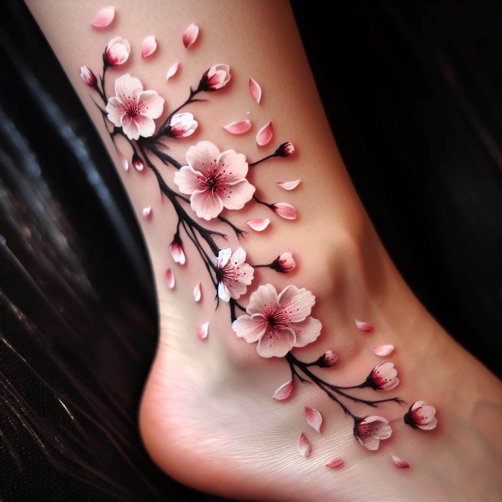 Delicate sakura (cherry blossom) petals drifting between tattoos from the ankle to the calf, filling the spaces with a soft, ephemeral beauty. The sakura blossoms should appear light and airy, with petals occasionally clustering together to form small flowers. This filler aims to evoke a sense of renewal and the fleeting nature of beauty, connecting the larger tattoo pieces with a gentle, poetic touch.