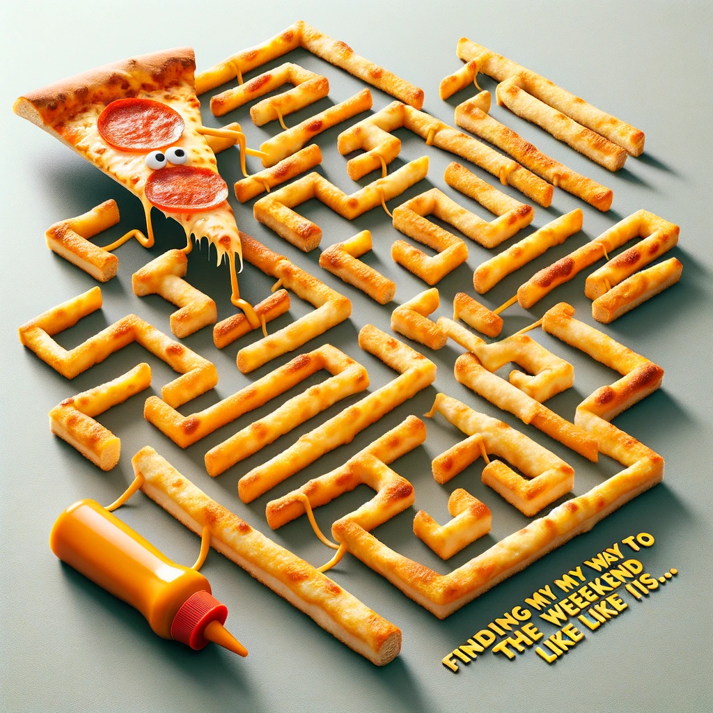 A pizza slice navigating a maze made of cheese sticks, with the caption "Finding my way to the weekend like...". The maze should be intricate and challenging, with the pizza slice appearing determined and focused on reaching the end. The scene should be viewed from above, showcasing the complexity of the maze, and the end goal could be something whimsical like a bottle of hot sauce or a mini pizza party. The image should be playful and engaging, with a touch of adventure and the universal theme of looking forward to the weekend.
