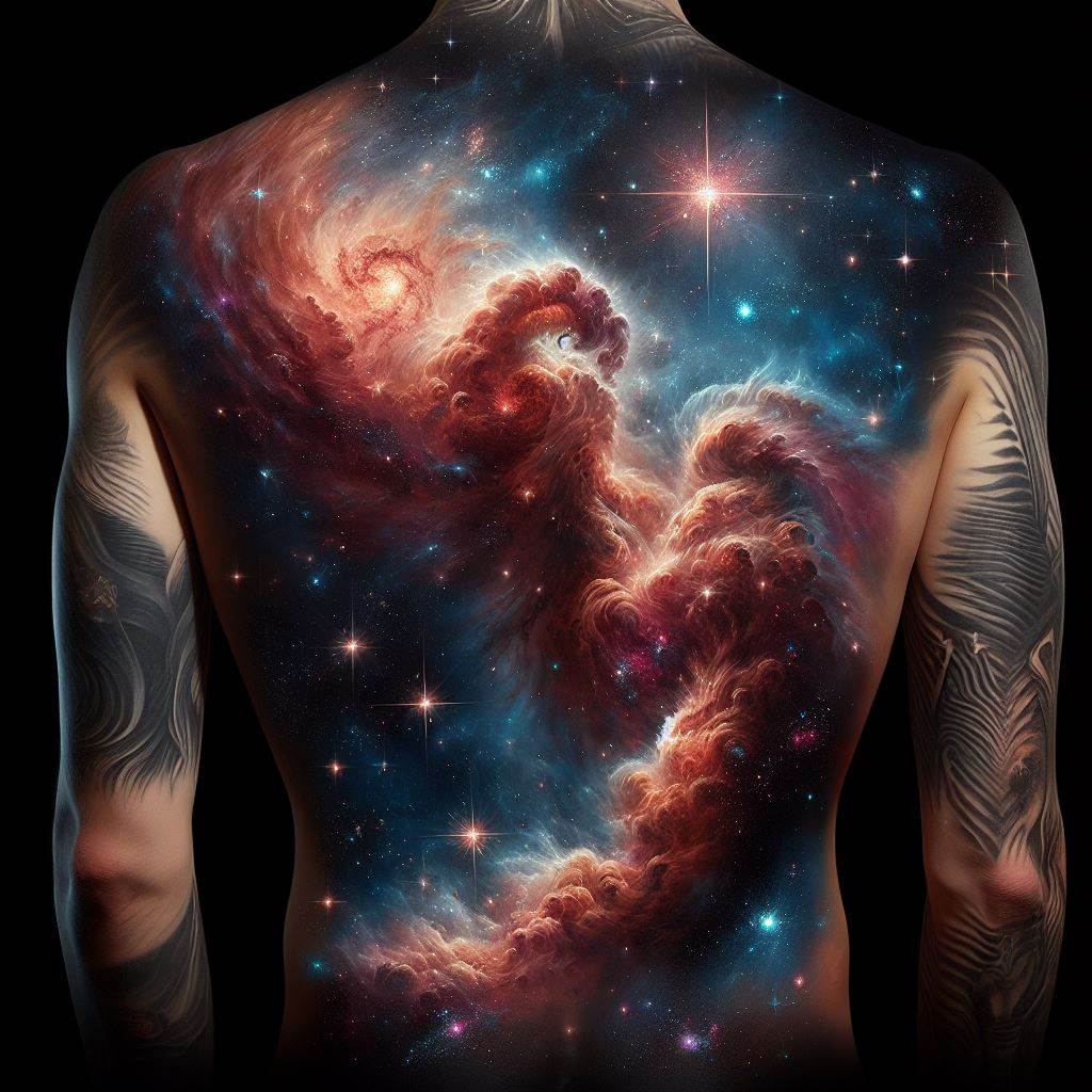 A vast cosmic scene of nebulae and star clusters serving as the backdrop for larger back tattoos. This filler should create a sense of depth and infinity, with swirling gases, twinkling stars, and vibrant colors enhancing the space between the main tattoo elements. The design should transport the viewer into the depths of space, making the back a canvas for a breathtaking celestial masterpiece.