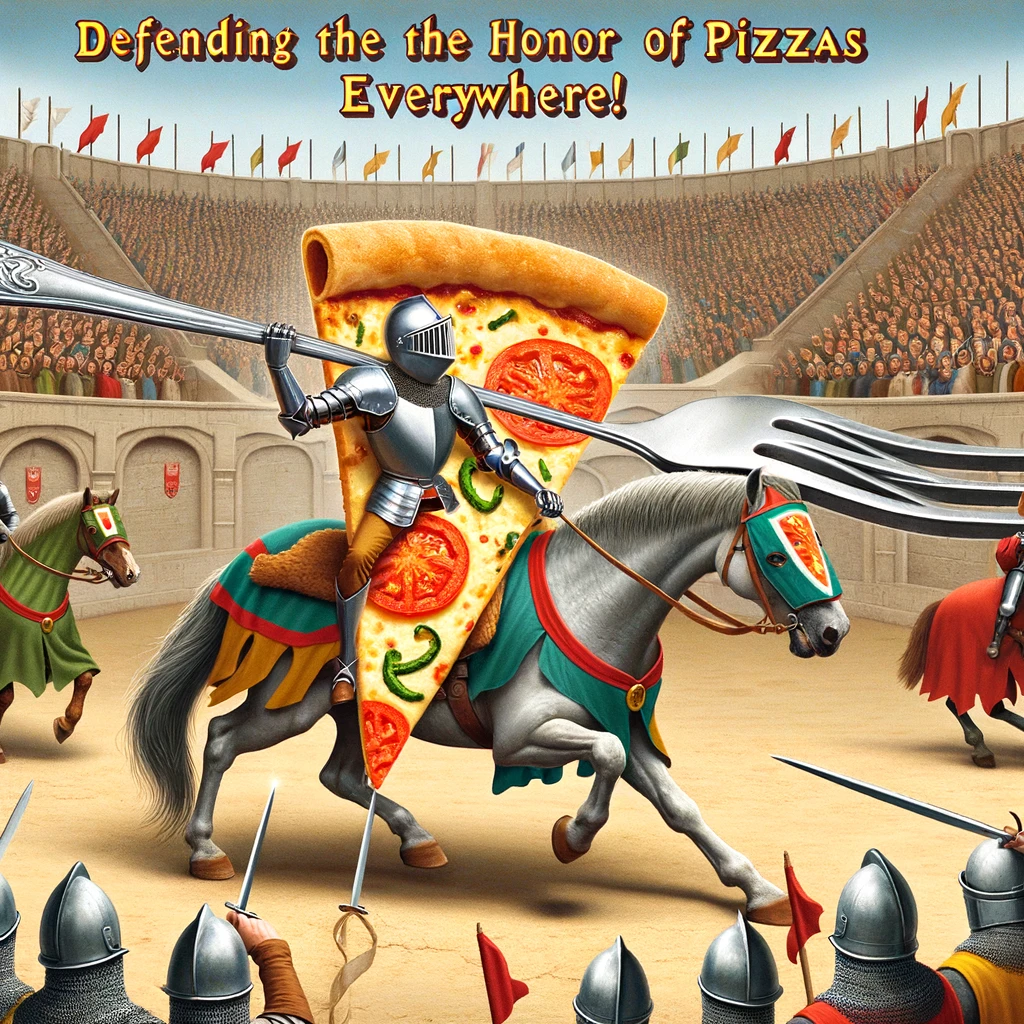 A pizza slice dressed up as a knight, jousting on a horseback against a giant fork, with the caption "Defending the honor of pizzas everywhere!". The setting should be a medieval tournament ground, complete with spectators cheering from the stands. The pizza slice knight should be in full armor, holding a lance, with a determined expression. The giant fork should appear as the formidable opponent, adding a humorous twist to the classic jousting scene. The image should blend elements of chivalry, competition, and humor, making it a unique and entertaining depiction.