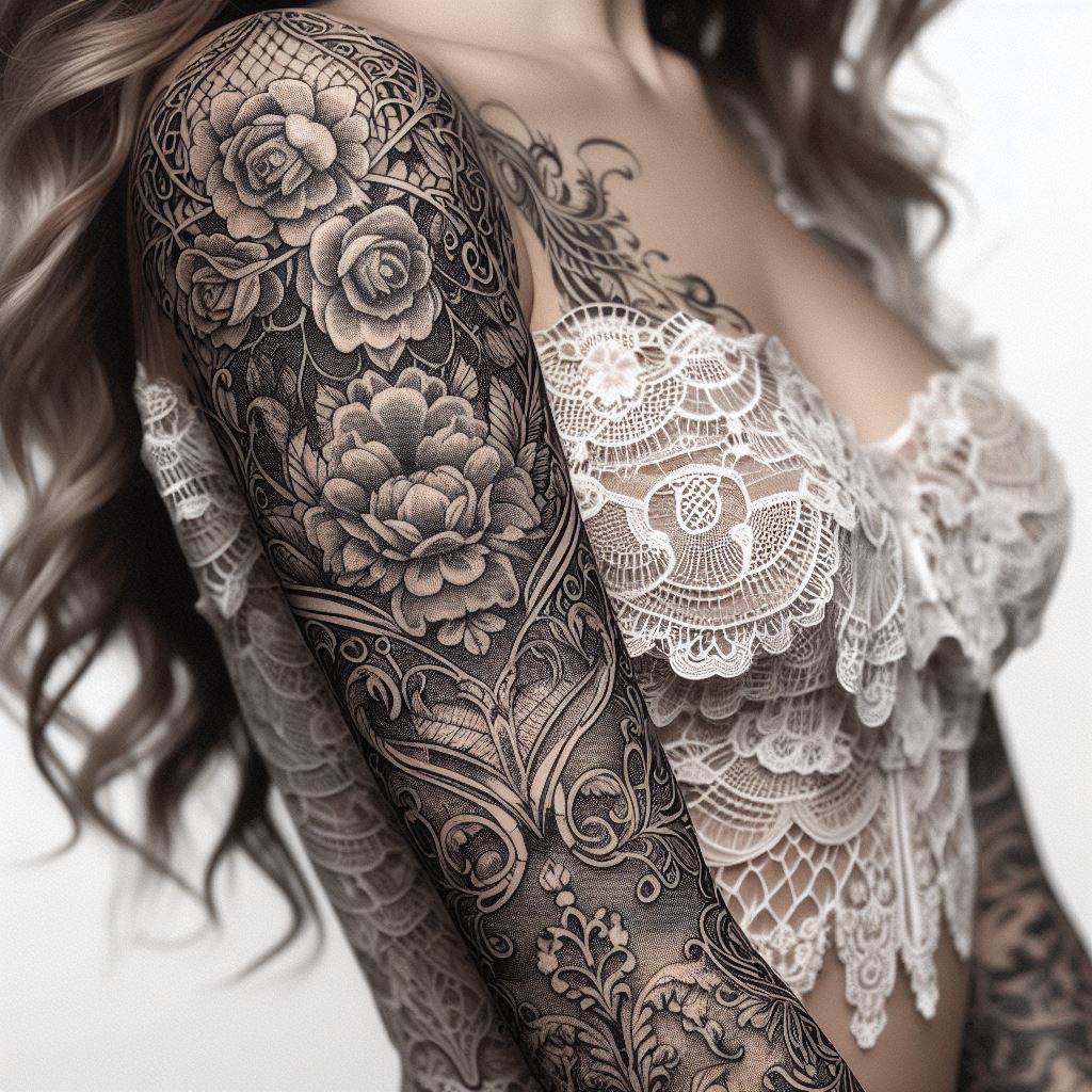Intricate Victorian lace details elegantly filling the gaps in a sleeve tattoo. These lace patterns should be finely drawn, with a level of detail that mimics real fabric, including subtle floral elements and delicate meshwork. The filler aims to add a touch of sophistication and antique charm, seamlessly blending with the existing tattoos to create a unified and timeless aesthetic.