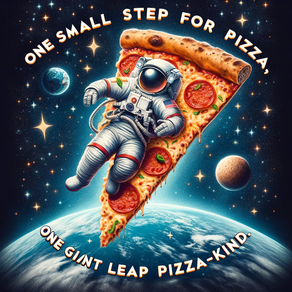 A pizza slice in a space suit floating in outer space, with Earth in the background, captioned "One small step for pizza, one giant leap for pizza-kind." The image should capture the majesty of space, with stars, planets, and the vastness of the cosmos. The pizza slice should appear adventurous and awe-struck, exploring the final frontier. This scene should blend the iconic imagery of space exploration with a humorous twist, showcasing the pizza slice's interstellar journey. The overall effect should be whimsical yet awe-inspiring, highlighting the pizza's bold adventure beyond Earth.