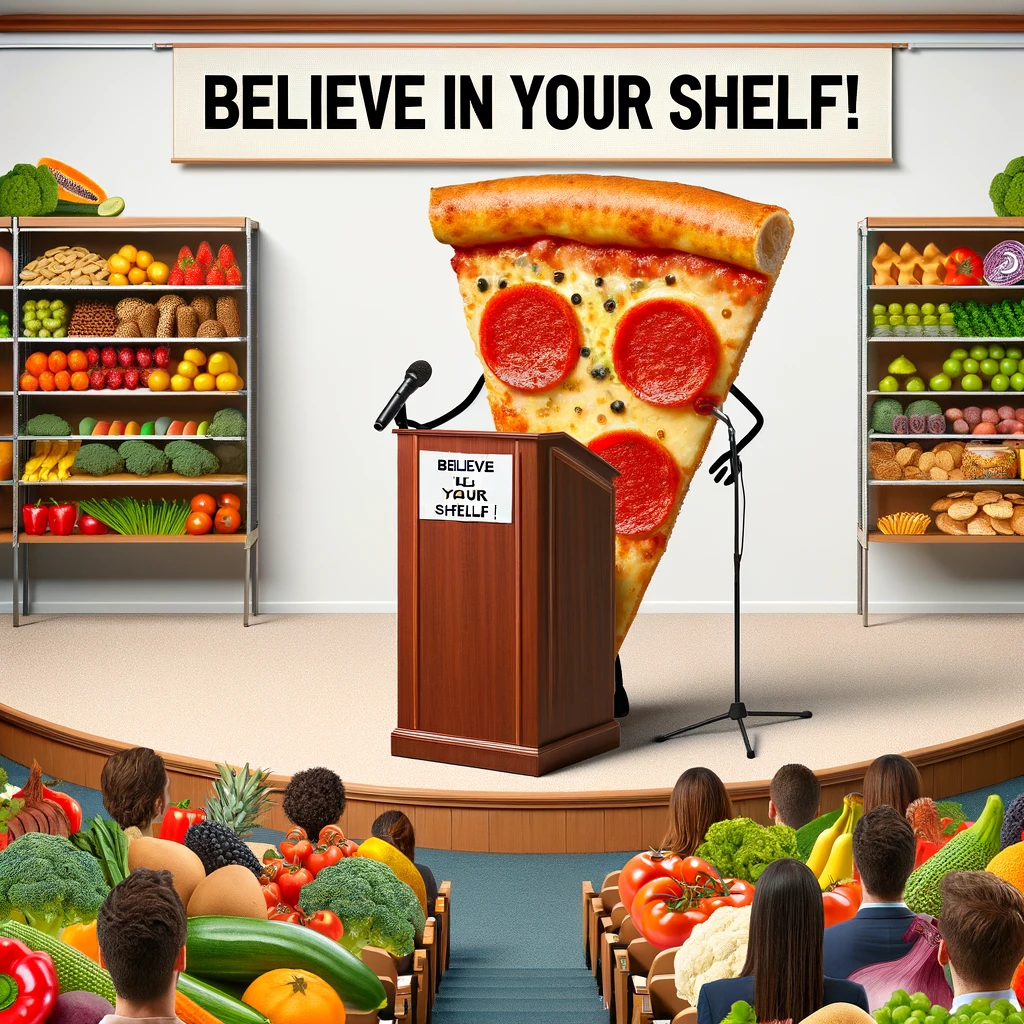 A pizza slice giving a motivational speech at a podium, with an audience of various foods, captioned "Believe in your shelf!". The setting should resemble a conference or seminar, with the pizza slice standing confidently, possibly with a microphone. The audience should include a diverse range of foods (fruits, vegetables, snacks) looking inspired and attentive. The scene should play on the words with a humorous twist on self-belief and empowerment, set within a food-themed context. The atmosphere should be uplifting and encouraging, with a touch of light-heartedness.