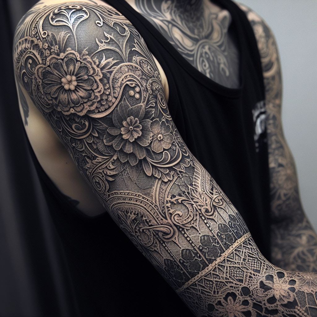 Intricate Victorian lace details elegantly filling the gaps in a sleeve tattoo. These lace patterns should be finely drawn, with a level of detail that mimics real fabric, including subtle floral elements and delicate meshwork. The filler aims to add a touch of sophistication and antique charm, seamlessly blending with the existing tattoos to create a unified and timeless aesthetic.