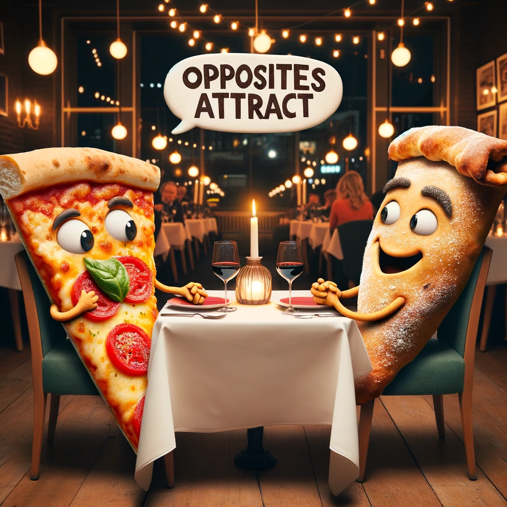 A pizza slice on a date with a calzone at a fancy restaurant, captioned "Opposites attract". The scene should depict a romantic setting, with a candlelit table, wine glasses, and a cozy atmosphere. The pizza slice and the calzone should be anthropomorphized, displaying affection towards each other, perhaps holding hands (or crusts) across the table. The image should play on the idea of different food items finding common ground, with a humorous and heartwarming twist. The overall mood should be charming and whimsical, capturing a unique foodie love story.