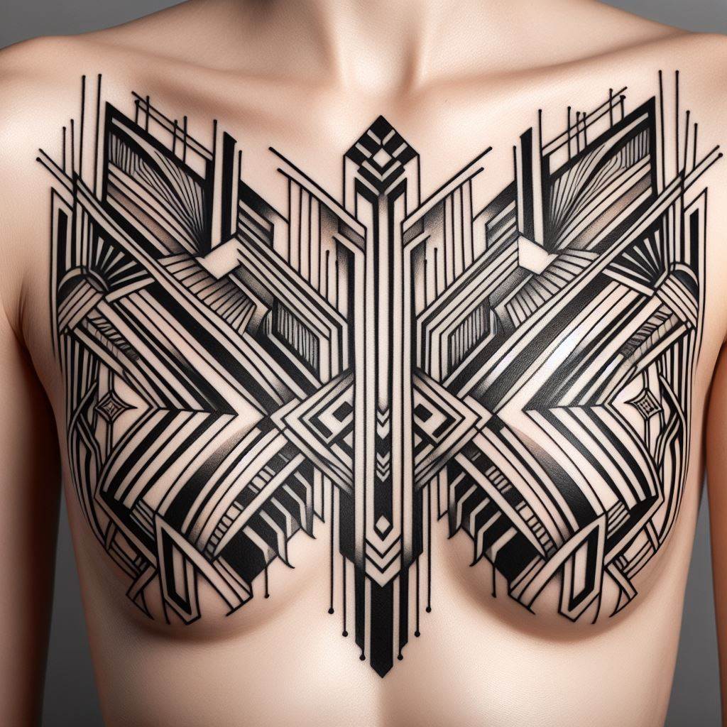 Art Deco-inspired geometric shapes and sharp lines filling the spaces between tattoos across the chest and ribs. This design should feature the bold symmetry and lavish decorative elements characteristic of the Art Deco era, with straight lines and angular forms creating a dynamic visual effect. The filler should serve to unify the chest and rib tattoos, adding a layer of elegance and historical flair.