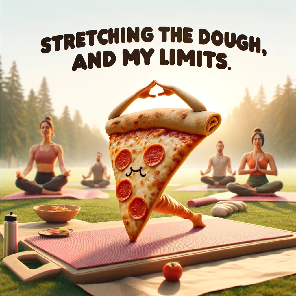 A pizza slice practicing yoga, achieving an impressive pose, with the caption "Stretching the dough, and my limits". The setting should be peaceful and serene, possibly in a park or a yoga studio, with a mat and other yogis (which could be other food items) in the background. The pizza slice should appear focused and balanced, capturing the essence of flexibility and inner peace. This scene should blend the physical act of stretching pizza dough with the concept of yoga, adding a humorous twist to the pursuit of wellness and self-improvement. The overall image should be lighthearted and inspirational, promoting a sense of harmony.