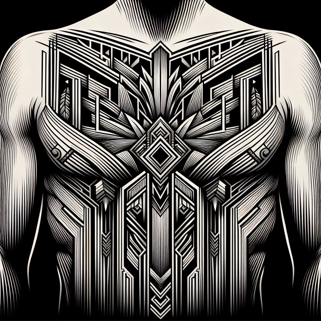 Art Deco-inspired geometric shapes and sharp lines filling the spaces between tattoos across the chest and ribs. This design should feature the bold symmetry and lavish decorative elements characteristic of the Art Deco era, with straight lines and angular forms creating a dynamic visual effect. The filler should serve to unify the chest and rib tattoos, adding a layer of elegance and historical flair.