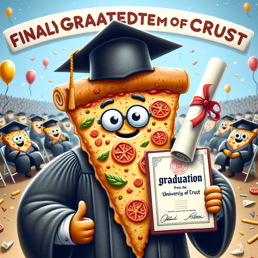 A pizza slice attending a graduation ceremony, wearing a cap and gown, captioned "Finally graduated from the University of Crust". The scene should capture a moment of achievement and celebration, with the pizza slice holding a diploma and wearing a proud smile. The background could include other graduating food items or a festive atmosphere with balloons and confetti. This image should playfully address the theme of education and accomplishment, with a food-centric twist. The overall mood should be joyful and congratulatory, celebrating the pizza slice's academic success in a whimsical and humorous manner.