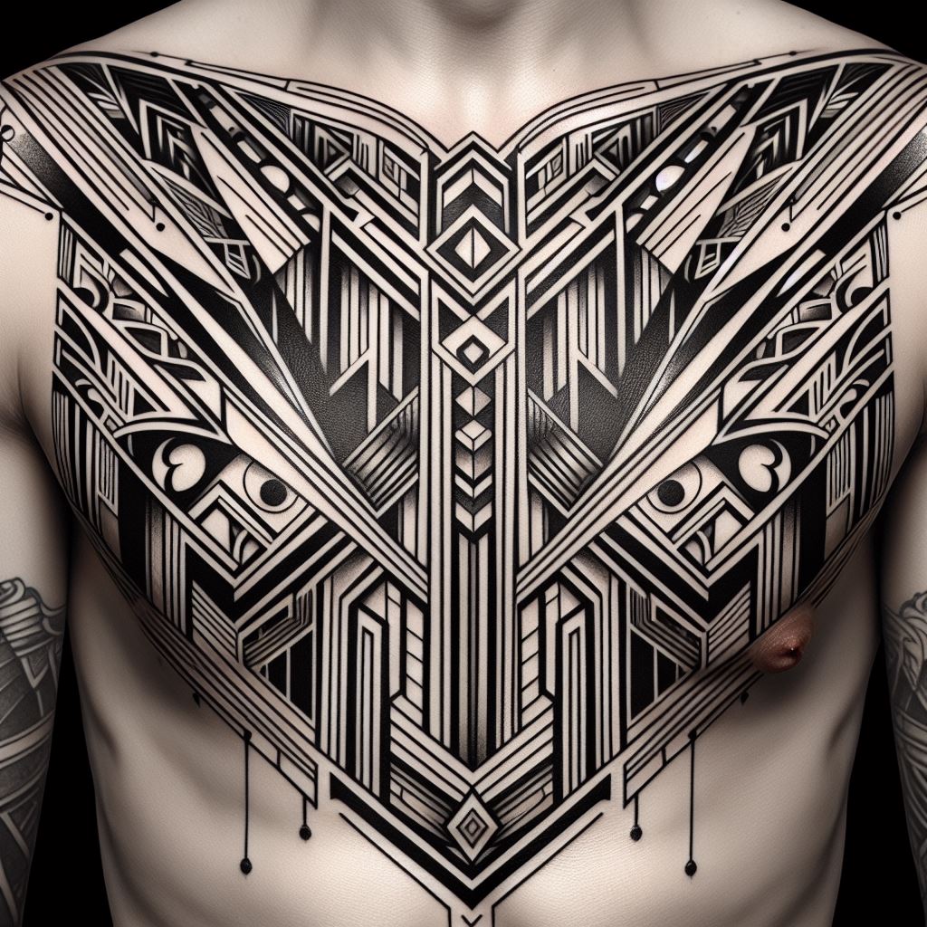Art Deco-inspired geometric shapes and sharp lines filling the spaces between tattoos across the chest and ribs. This design should feature the bold symmetry and lavish decorative elements characteristic of the Art Deco era, with straight lines and angular forms creating a dynamic visual effect. The filler should serve to unify the chest and rib tattoos, adding a layer of elegance and historical flair.