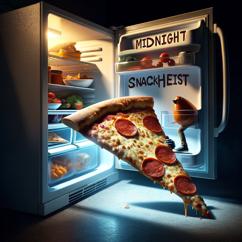 A pizza slice sneaking out of a fridge at midnight, with the caption "Midnight snack heist". The scene should be dimly lit, capturing the secretive and mischievous atmosphere of a late-night snack raid. The fridge light should cast a glow on the pizza, highlighting its stealthy escape. The background could include other foods peering out, adding to the humorous scenario. This image should play on the idea of indulging in a late-night snack, with a pizza slice personified as the protagonist of this culinary adventure. The overall mood should be playful and slightly suspenseful, reflecting the thrill of a midnight escapade.
