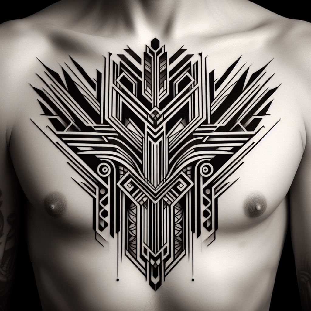 Art Deco-inspired geometric shapes and sharp lines filling the spaces between tattoos across the chest and ribs. This design should feature the bold symmetry and lavish decorative elements characteristic of the Art Deco era, with straight lines and angular forms creating a dynamic visual effect. The filler should serve to unify the chest and rib tattoos, adding a layer of elegance and historical flair.
