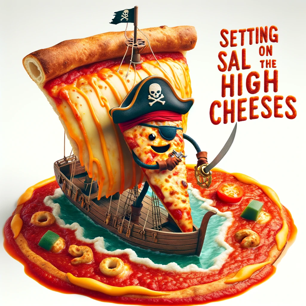 A pizza slice dressed as a pirate, sailing on a sea of marinara sauce with a ship made of crust, captioned "Setting sail on the high cheeses". The scene should be adventurous, with the pizza slice wielding a cutlass and wearing a pirate hat, embodying the spirit of exploration and treasure hunting. The marinara sea should have waves and perhaps other food-themed sea creatures. The ship should be detailed, with sails made of melted cheese, and a flag featuring a pizza emblem. This whimsical and imaginative portrayal should merge the themes of piracy and pizza in a humorous and engaging way, emphasizing adventure and culinary creativity.