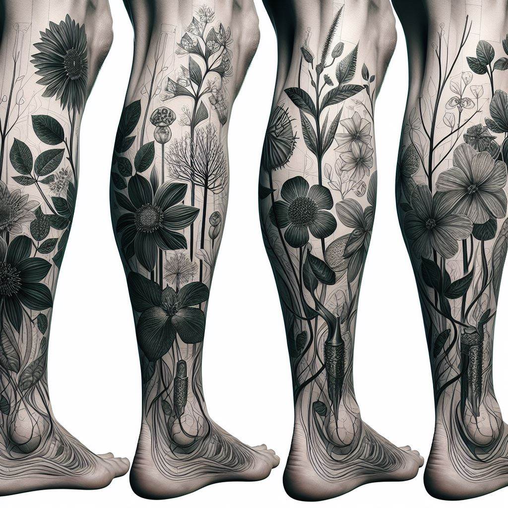 A series of detailed botanical illustrations to serve as fillers for a leg sleeve, connecting and enhancing larger tattoo pieces with nature-inspired elegance. These illustrations should include a variety of plant species, each rendered with scientific precision and artistic grace. The design aims to transform the leg into a walking botanical garden, with the fillers adding depth, texture, and a vibrant celebration of the natural world.