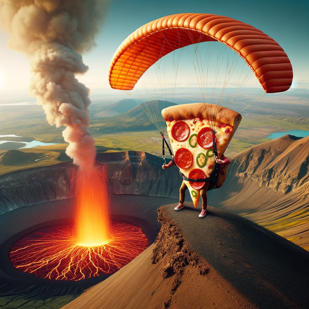 A pizza slice standing at the edge of a volcano, ready to paraglide, captioned "Taking the plunge for that hot slice of adventure". The scene should be thrilling, with a panoramic view of the volcano's crater, lava below, and a wide-open sky ready for paragliding. The pizza slice should appear adventurous and daring, equipped with a paraglider that perhaps resembles a giant pepperoni. The landscape should be dramatic, emphasizing the extreme sport aspect while maintaining a humorous twist with the pizza slice character. The image should capture the moment of exhilaration before the jump, blending the love for pizza with the thrill of adventure.