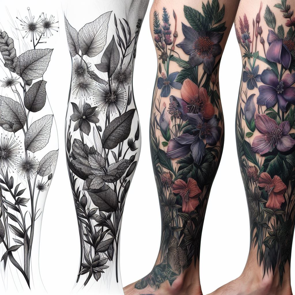 A series of detailed botanical illustrations to serve as fillers for a leg sleeve, connecting and enhancing larger tattoo pieces with nature-inspired elegance. These illustrations should include a variety of plant species, each rendered with scientific precision and artistic grace. The design aims to transform the leg into a walking botanical garden, with the fillers adding depth, texture, and a vibrant celebration of the natural world.