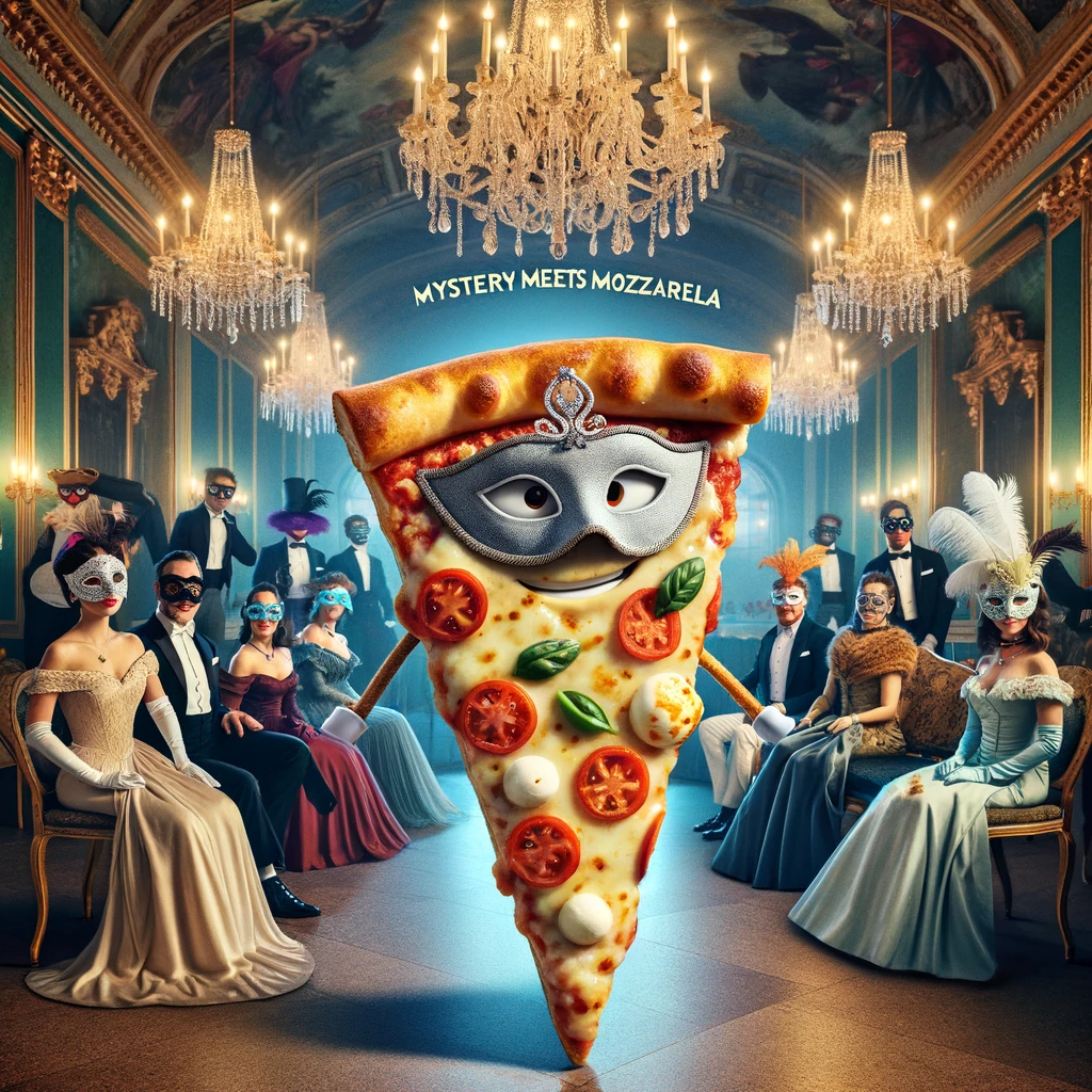 A pizza slice attending a fancy masquerade ball, wearing an elegant mask, captioned "Mystery meets mozzarella". The setting should be luxurious, with a grand ballroom, chandeliers, and other characters in masks and formal attire. The pizza slice should stand out as the mysterious and elegant attendee, with a mask that complements its toppings. The atmosphere should be one of intrigue and sophistication, with a playful nod to the idea of disguises and hidden identities. The image should blend the themes of traditional masquerade elegance with the whimsical concept of a pizza slice fitting into high society.