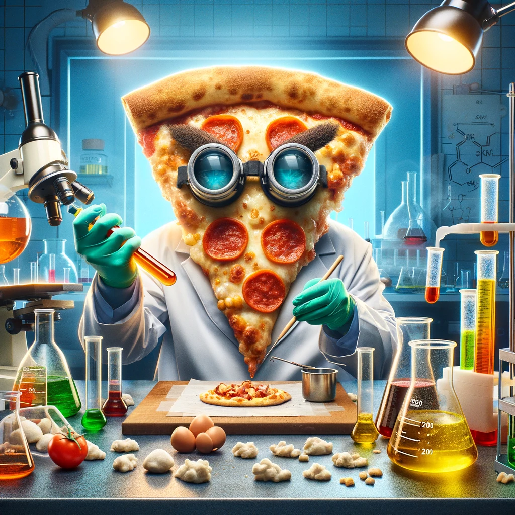 A pizza slice as a mad scientist in a lab, conducting experiments on toppings, captioned "The quest for the ultimate flavor combination". The setting should be a science lab filled with beakers, test tubes, and other equipment, with the pizza slice wearing lab goggles and gloves. The experiments could involve various toppings being mixed, tested, and perhaps even animated in humorous ways. The scene should capture the innovative and slightly chaotic energy of a scientist at work, with a comedic twist on culinary experimentation. The image should suggest a fusion of food science and madcap invention, highlighting the pizza's pursuit of gastronomic perfection.